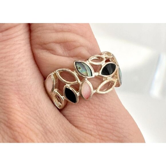 Jewelry - Multi Gemstone Abalone, MOP & Black Onyx 925 Sterling Vintage Ring - sz 6